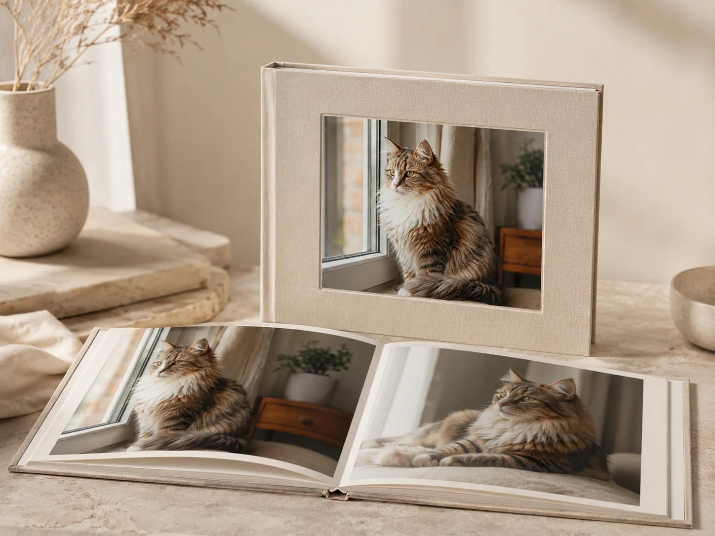 Pro lay-flat pet photo album with cat photographs