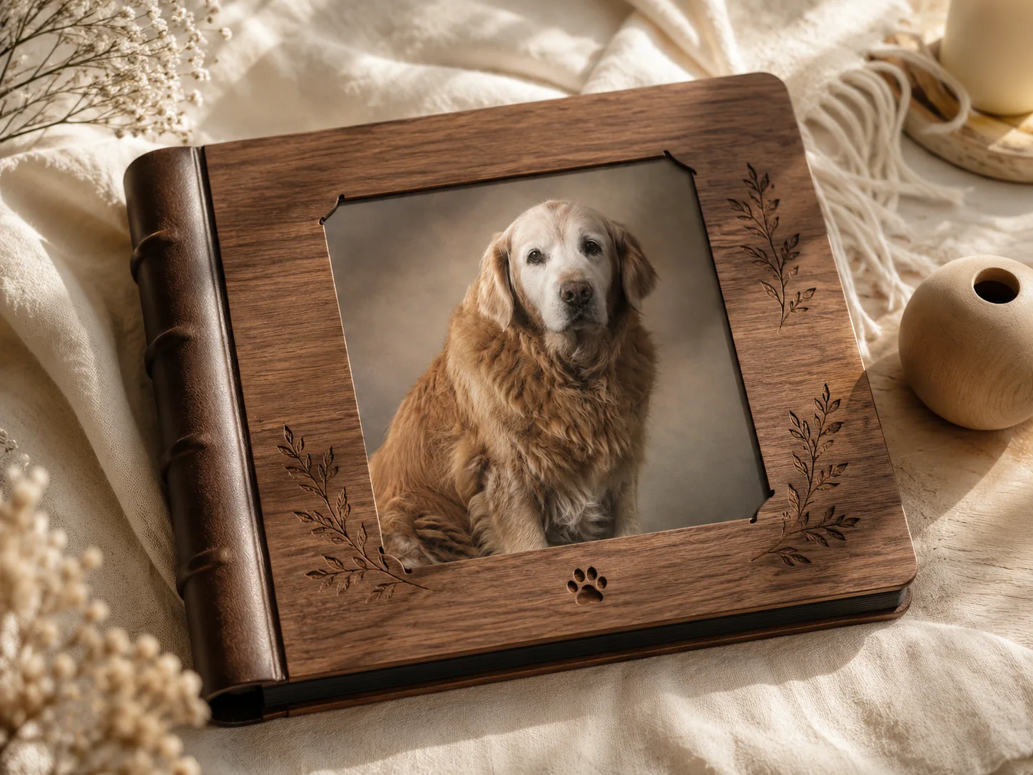 Wooden pet photo album with senior dog portrait