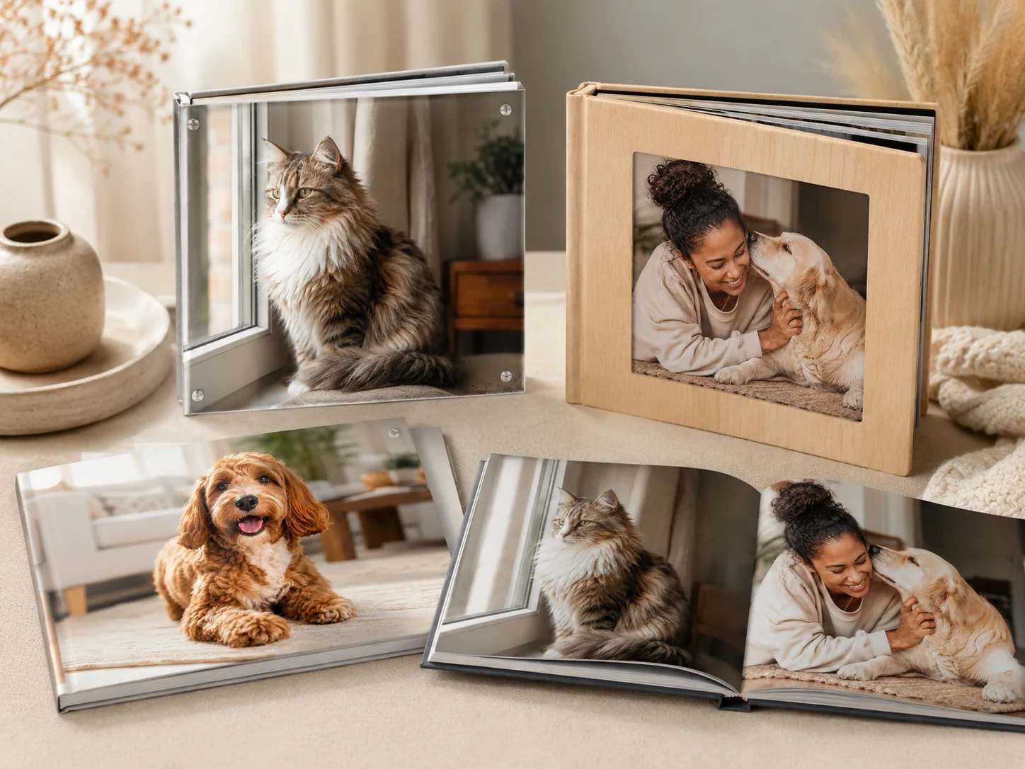 Pet photo albums displayed together with dog and cat photographs