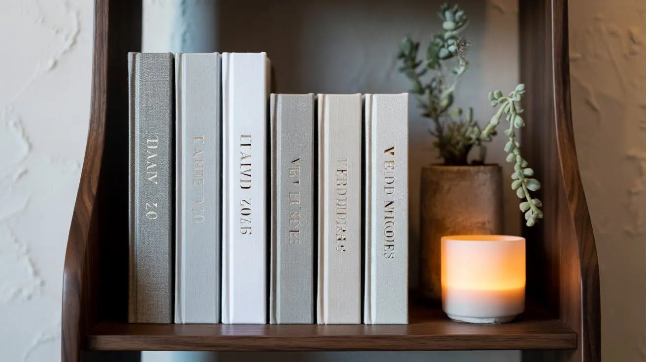 A neatly arranged set of neutral-toned photo albums on a wooden shelf beside a small potted plant and a lit candle.