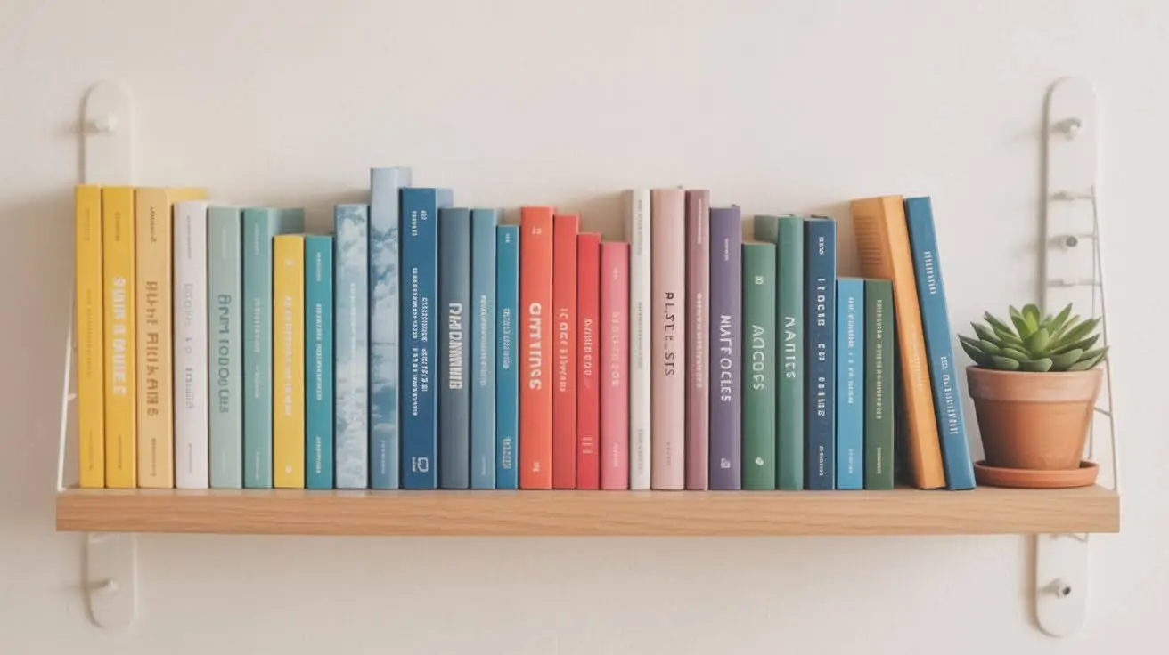 A neatly arranged shelf of colorful photo albums organized by gradient hues, accompanied by a small potted succulent.