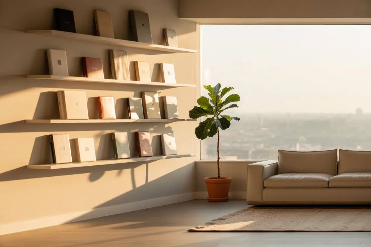 A sunlit wall display of elegant photo albums arranged on floating shelves beside a large window and cozy seating area.