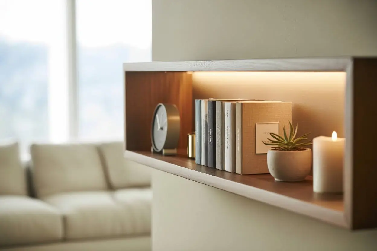 A modern shelf display featuring neatly arranged photo albums, a clock, a small potted plant, and a lit candle, all softly illuminated by warm lighting.