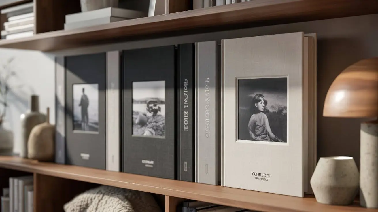A row of large, cloth-covered photo albums with black-and-white cover images neatly displayed on a wooden shelf.