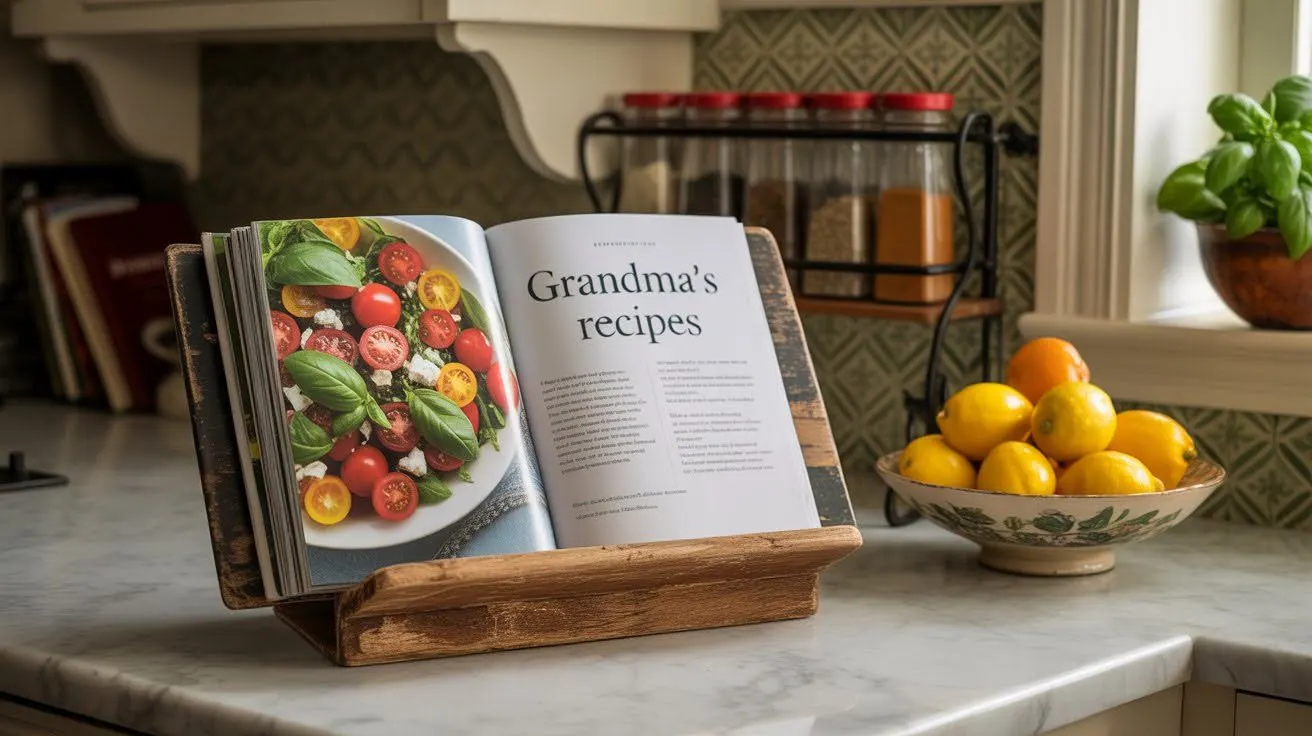 An open cookbook titled "Grandma’s recipes" displayed on a wooden stand in a cozy kitchen beside a bowl of fresh lemons.