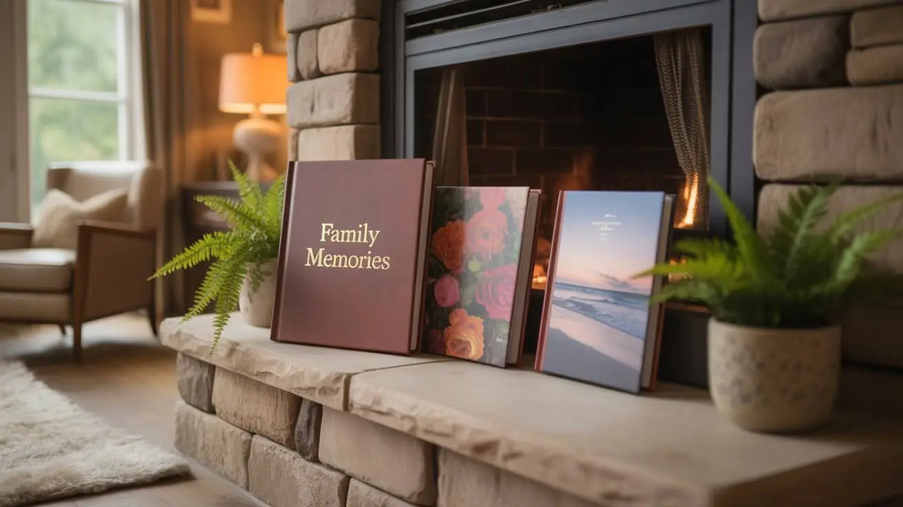 Photo albums displayed on a stone fireplace mantel in a cozy living room, including one titled "Family Memories."