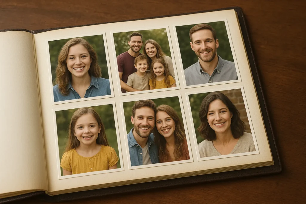 An open photo album showing six family portraits, including individual and group photos.