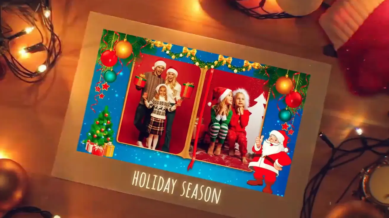 A holiday photo album with Christmas-themed decorations showing family pictures in festive outfits and Santa hats.