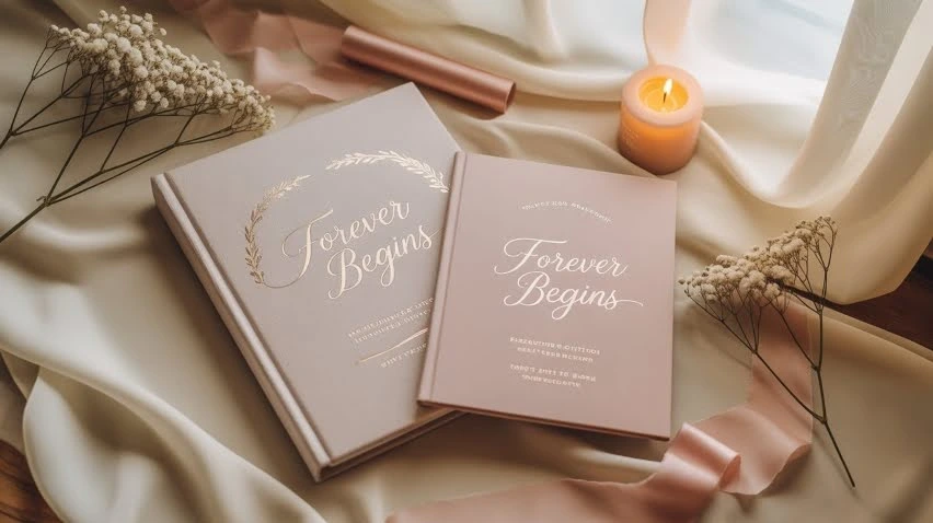 Two blush wedding albums titled “Forever Begins” on draped fabric with a lit candle, ribbon, and flowers.