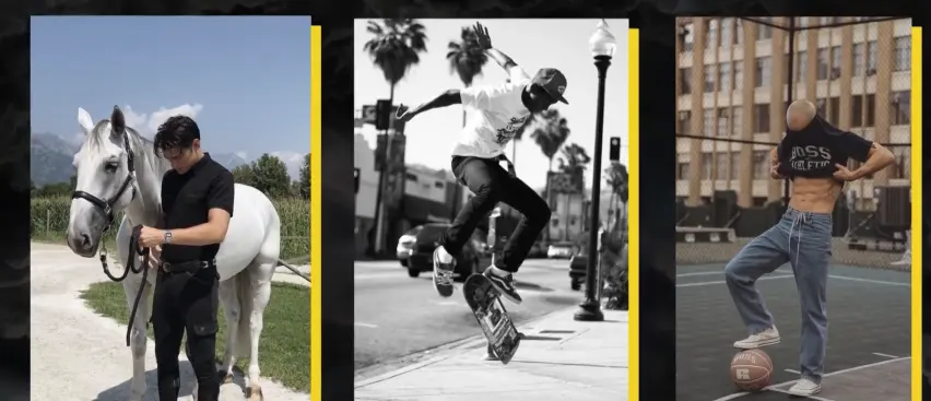 Three photos: a man with a white horse, a skateboarder mid-trick, and a man showing abs on a basketball court.